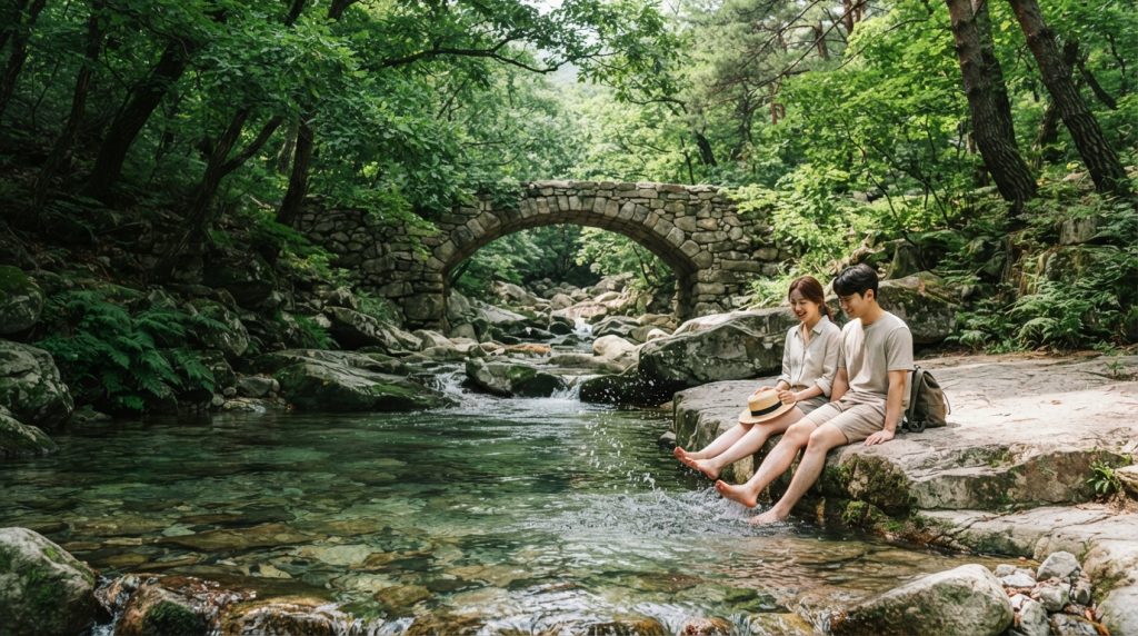 상업 시설 없는 청정 구역인 포천 지장산계곡 향로천 다리 아래 짙은 그늘에서 발을 담그고 피서를 즐기는 커플