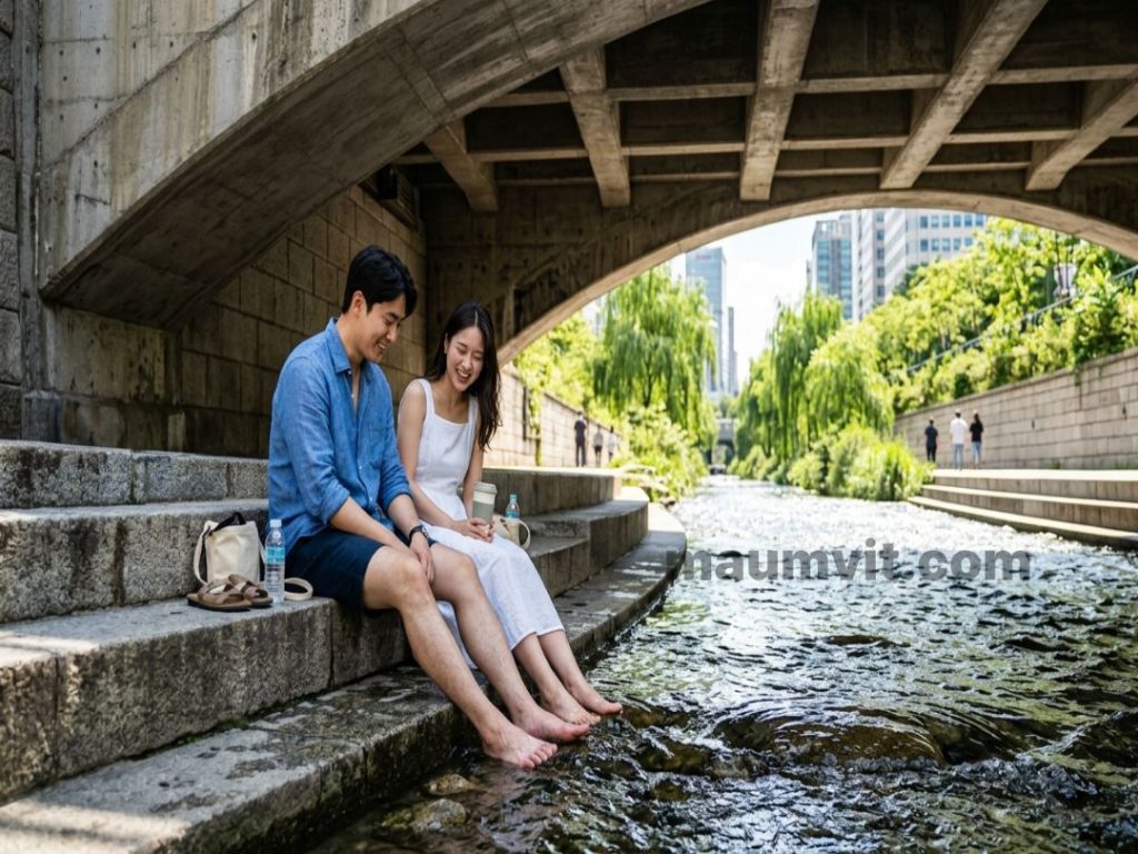 햇빛 쨍쨍한 여름 날  서울 실내 데이트 코스 추천 명소인 서울 청계천 다리 밑 그늘에 앉아시원한 물에 발을 담그고 피서를 즐기는 모습 