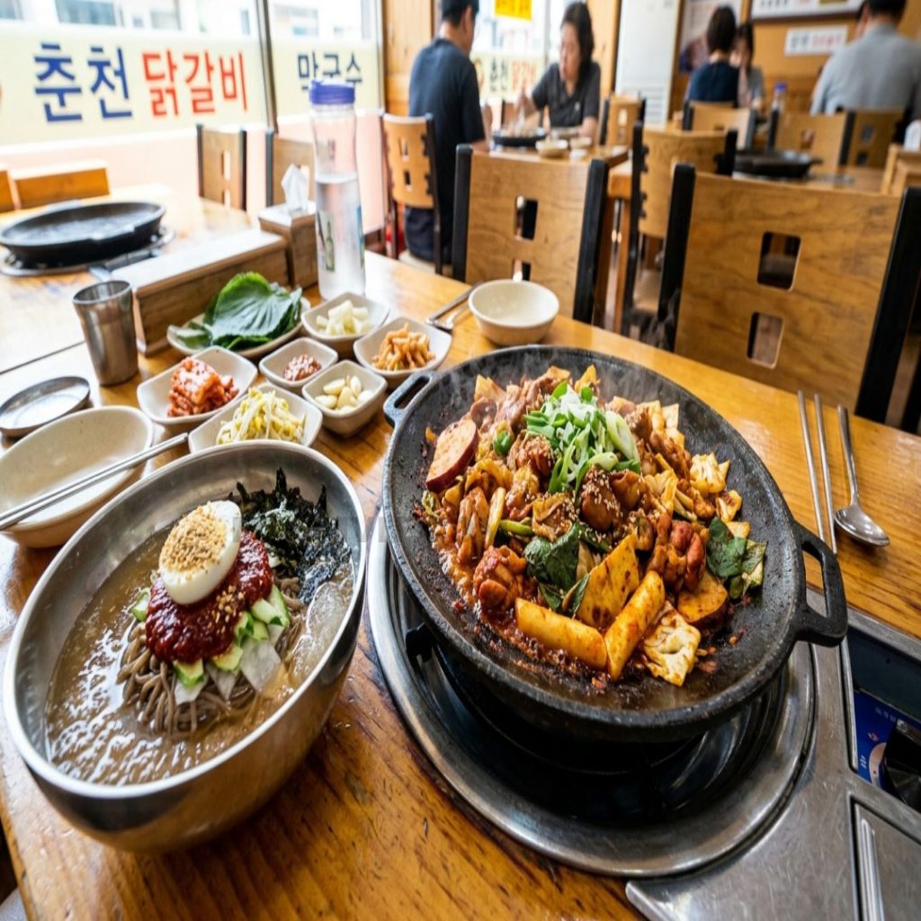 춘천 명동 맛집의 대표 먹거리인 철판 닭갈비와 시원한 메밀 막국수 1인분 세팅 조합