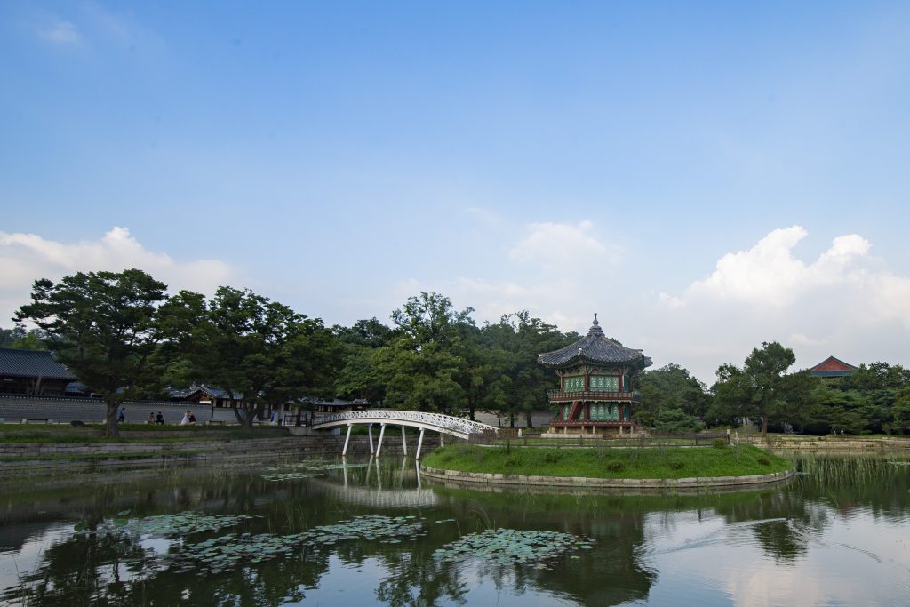 Hyangwonjeong Pavilion and its bridge over the lotus pond at Gyeongbokgung Palace